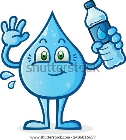 A droplet of pure, clean, distilled spring water for drinking holding a disposable plastic water bottle and waving happily with arms outstretched, vector clip art illustration