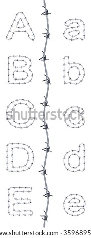 Alphabet of barbed wire, font, letters A B C D E, very detailed