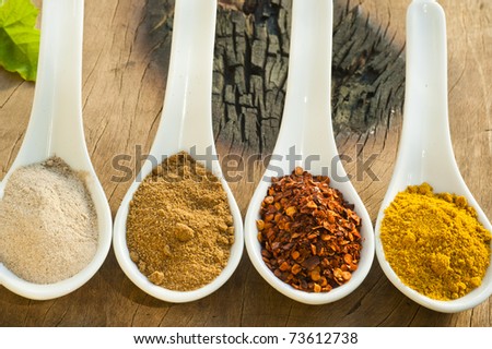 Four Different Spices In A China Spoon, Pepper, Chili, Curry And Cumin ...