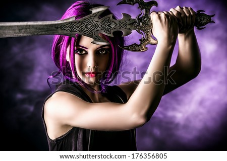 Beautiful girl warrior with a sword standing in fighting stance. Anime. Fantasy.