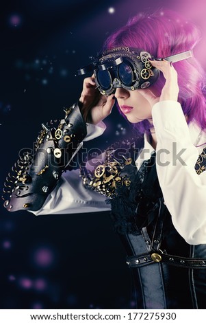 Girl in a stylized steampunk costume posing on a black background. Anime.