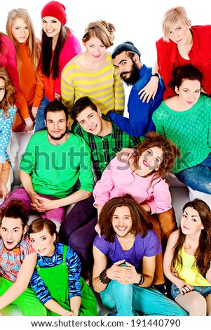 Large group of cheerful young people. Isolated over white.