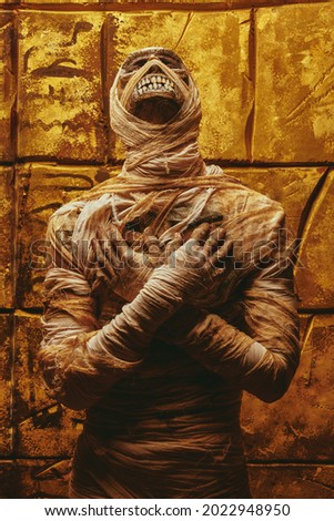 Calm Halloween mummy looks up against the background of a wall with ancient Egyptian hieroglyphs. Halloween. Ancient Egyptian mythology.