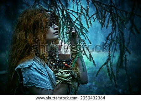 Image, Stock Photo woman among the branches of a golden tree in autumn