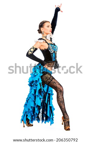 Beautiful female dancer perform tango dance with passion and expression. Isolated over white.
