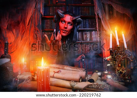 Horned Devil in his home. Fantasy. Ancient style. Halloween.