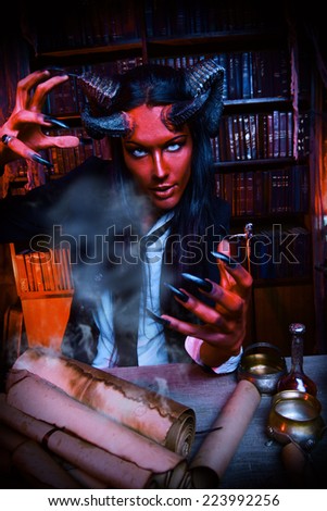 Horned Devil in his home. Fantasy. Ancient style. Halloween.