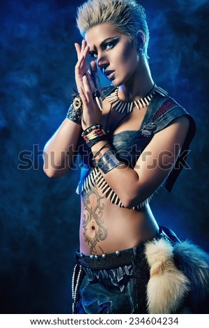 Portrait of a beautiful female warrior. Ancient times. Amazon.