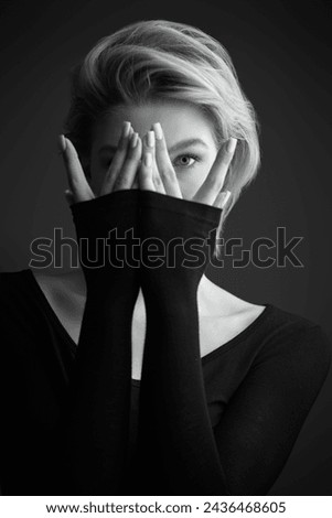 Similar – Image, Stock Photo Stylish black lady hiding behind curtain at home