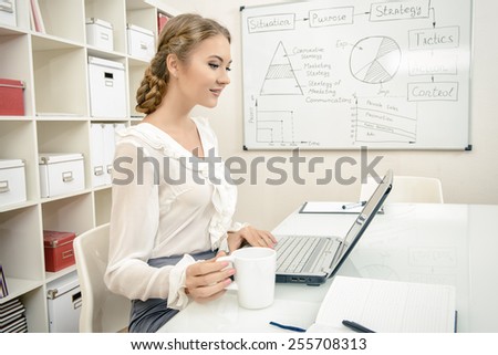 Beautiful businesswoman working in the office with a laptop.