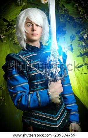 Noble blond elf with a sword in his hand in the magic forest. Fantasy. Anime style.