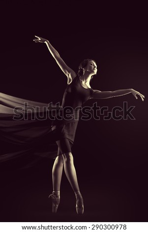 Black-and-white portrait of a graceful beautiful ballet dancer posing at studio. Art concept.