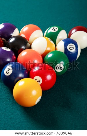 Billiard game details: balls, cue, table.