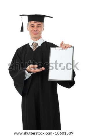 Education background: serious man in a academic gown.