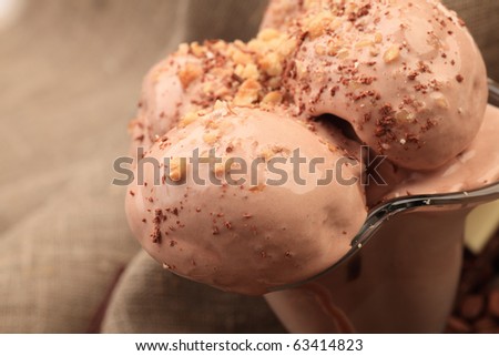 Composition of chocolate ice-cream with cocoa beans and pieces of chocolate.