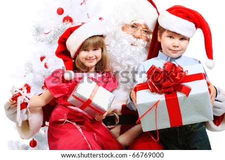 Christmas Theme: Santa Claus And Children Having A Fun. Isolated Over ...