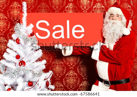 Santa Claus with presents and New Year tree at home. Christmas sale.