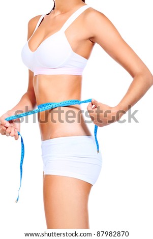 Slender woman measuring her waist. Diet, healthy lifestyle.
