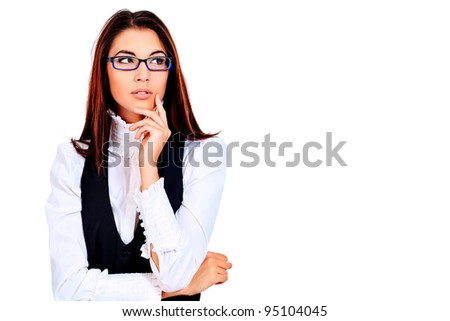 Beautiful businesswoman is thinking. Isolated over white background.