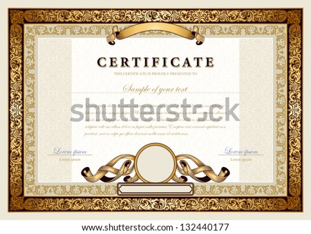 Vintage certificate with gold, luxury, ornamental frames, coupon, diploma, voucher, award template for achievements, progress business, education, art, medicine, etc. Ornate border, ornament elements.