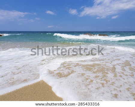 Greece beach, paradise bay untouched nature abstract archipelago in seashore with rocks in water on peninsula Halkidiki, Greece, 
relaxation landscape viewpoint for design postcard and calendar