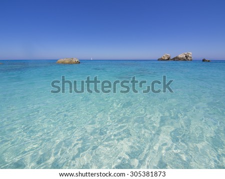 Beautiful seascape untouched nature abstract archipelago in seashore with rocks in water on island Lefkada, Leucas or Leucadia, Ionian Sea, Greece