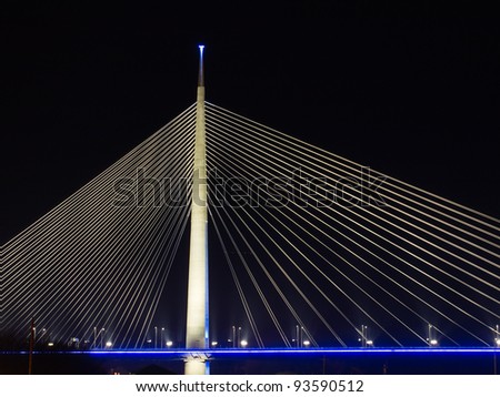 Night shot of part of construction of new Belgrade biggest bridge on Ada with one tower ( pilon) in the world / river Sava, Serbia / under construction / one pylon /