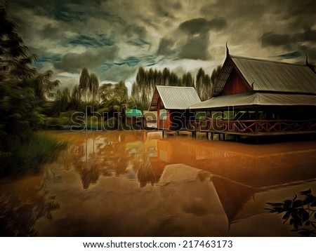 Original watercolor painting of traditional Thai wooden hall on the lake, art background illustration for home decoration
