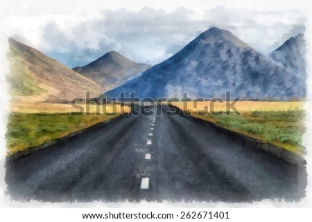 Abstract bright watercolor background,Mountain road,painting texture illustration