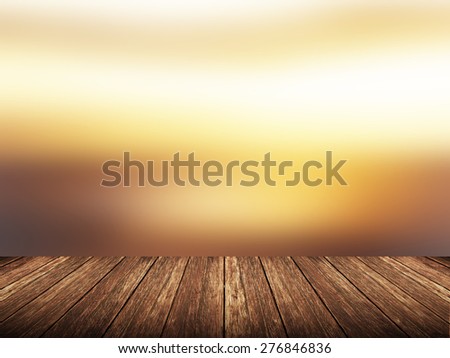 Empty wood table over blurred sunset sky with bokeh background, product display template,deck,