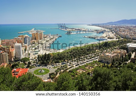 Overhead view of Malaga buildings and port on the beautiful Costa Del Sol, in the Mediterranean Sea