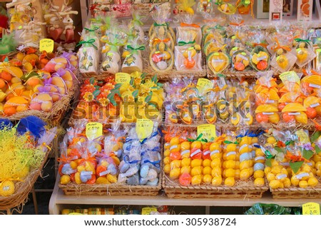 SORRENTO, ITALY - JUNE 26, 2015: A colorful display outside a store in Sorrento,  selling different citrus soaps and souvenirs made from lemons and other fruits famous in Southern Italy