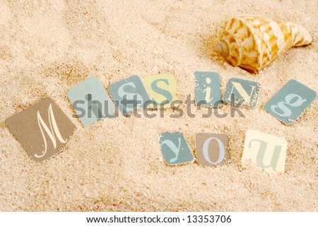 missing you sentiments from a tropical sandy beach with shells