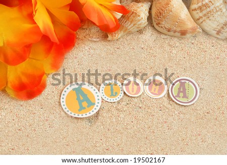 hawaiian beach background with aloha written in tropical sand, with  seashells and a lei