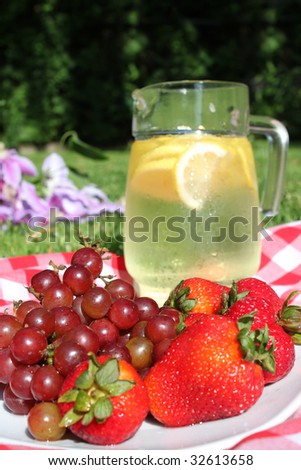 Pitcher of lemonade in jar with lemons, ice, on picnic blanket  trees in the background (focus on grapes)