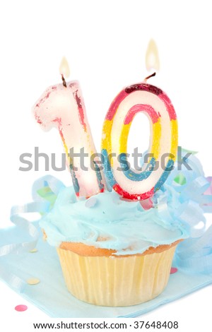 tenth birthday cupcake with blue frosting on white background