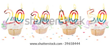 Celebratory birthday cupcakes with lit candles and numbers like twenty, thirty, forty, and fifty with confetti