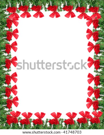 Green pine branches with red christmas bows. Great for a greeting card, frame, or border