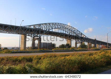 Hamilton, Ontario, Canada highway bridge with blue sky
