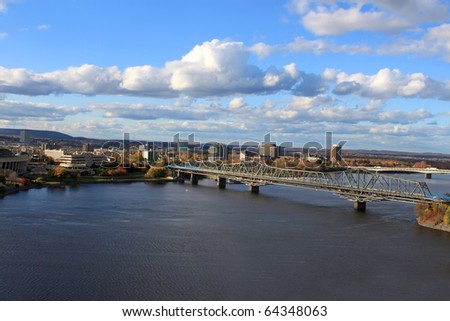 View of  buildings and bridge of the city,  Hull, Ontario from Parliament Hill, Canada
