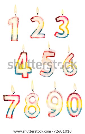 Group of lit birthday candle numbers on a white background for easy editing