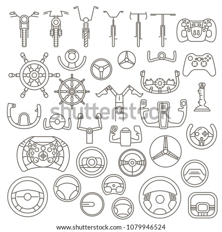 Equipment for transport driving set. Helmet, rudder, steering wheels thin line icons. Vector illustration