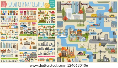 Great city map creator.Seamless pattern map and  Houses, infrastructure, industrial, transport, village and countryside set. Make your perfect city. Vector illustration