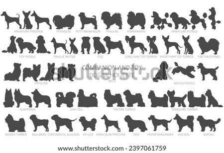 Dog breeds silhouettes, simple style clipart. Companion and toy dogs collection.  Vector illustration