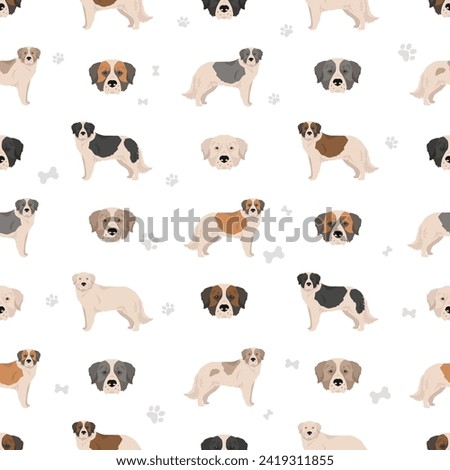 Pyrenean mastiff seamless pattern. Different poses, coat colors set.  Vector illustration