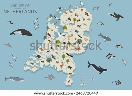 Isomatric 3d design of Netherlands wildlife. Animals, birds and plants constructor elements isolated on white set. Build your own geography infographics collection. Vector illustration