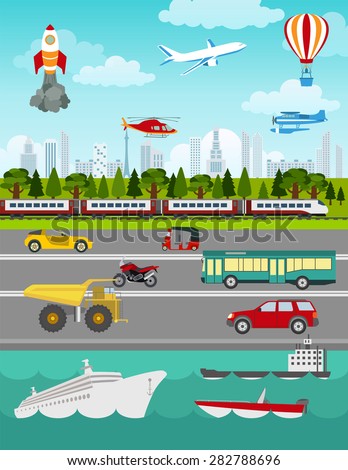 Transport infographics elements. Cars, trucks, public, air, water, railway transportation. Retro styled illustration. Vector