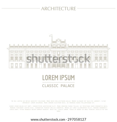 Cityscape graphic template. Modern city architecture. Vector illustration of classic royal palace. City constructor. Template with place for text. Outline version