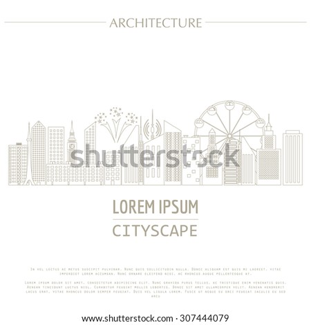 Cityscape graphic template. Modern city architecture. Vector illustration with different modern city buildings, such as office buildings, skyscrapers, houses, entertainments. City constructor. Outline