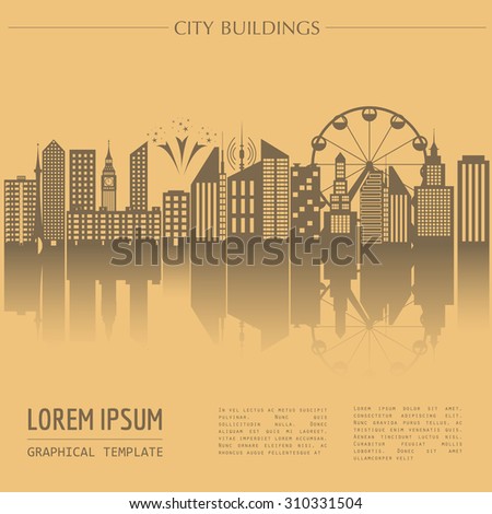 Cityscape graphic template. Modern city architecture. Vector illustration with different modern city buildings. City constructor. Template with place for text. Colour version
